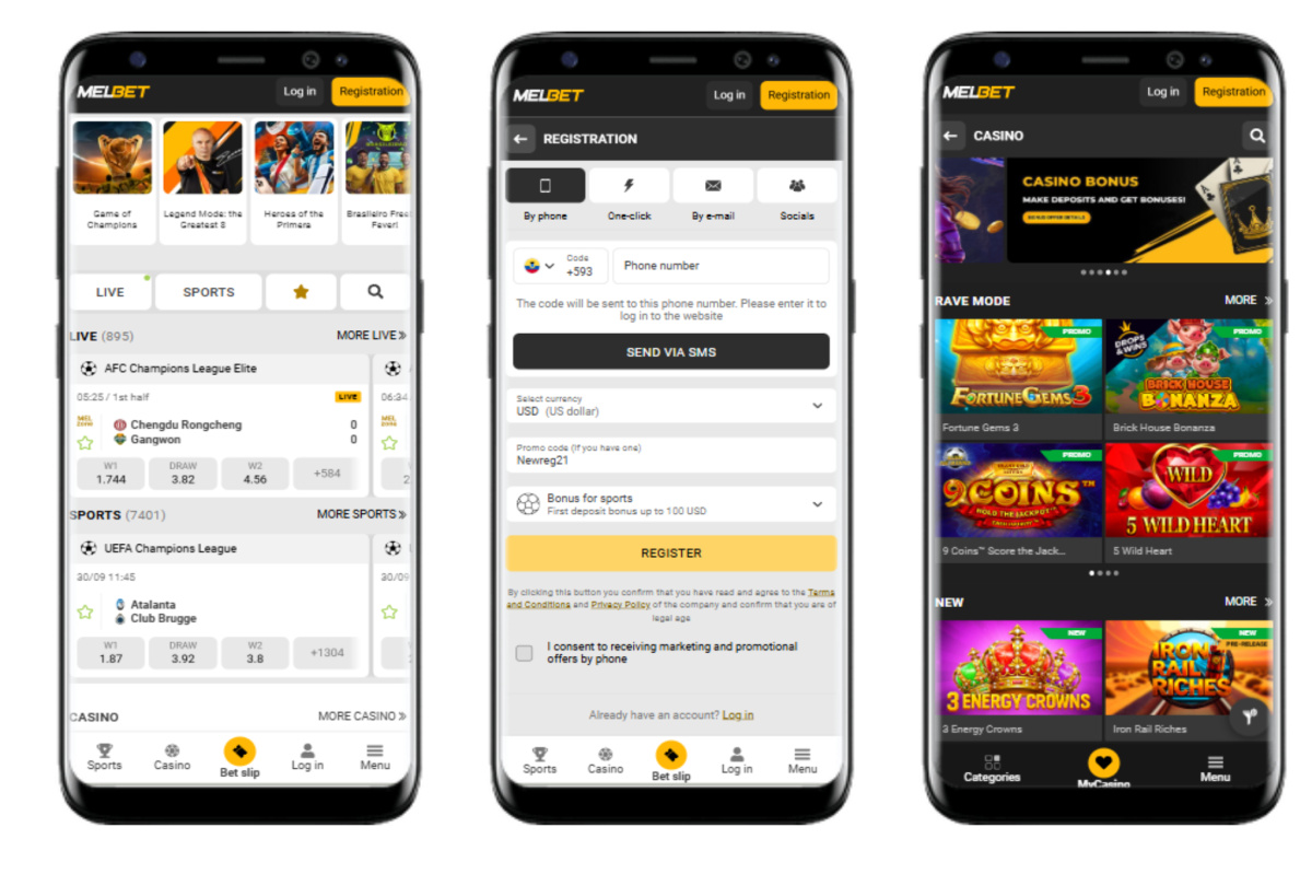 Side-by-side display of Melbet Android on smartphones showing sports betting interface Melbet mobile applications for Android with full betting functionality