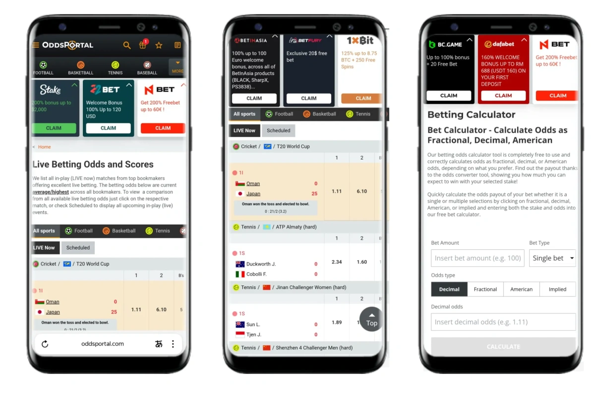 OddsPortal mobile interface showing easy navigation and odds comparison