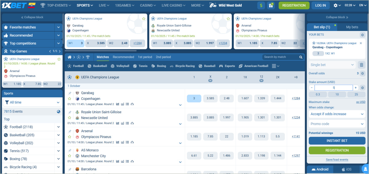 1xBet sportsbook main interface showing competitive odds across multiple sports