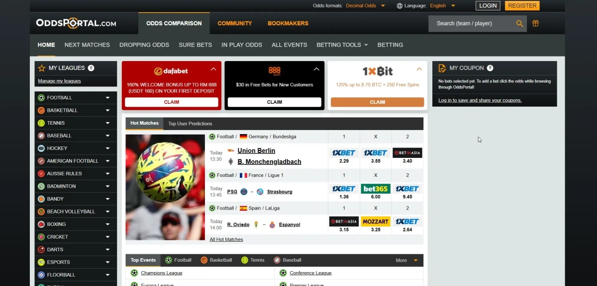 OddsPortal homepage featuring popular sports selection and live odds