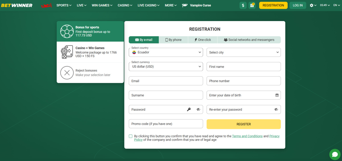 Picture2. Betwinner registration form showing different signup options including one-click, phone, email and social media registration Betwinner registration form showing different signup options including one-click, phone, email and social media registration