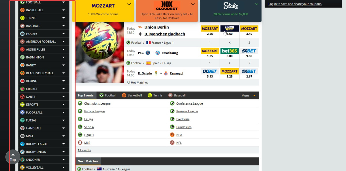 Wide range of available sports for odds comparison