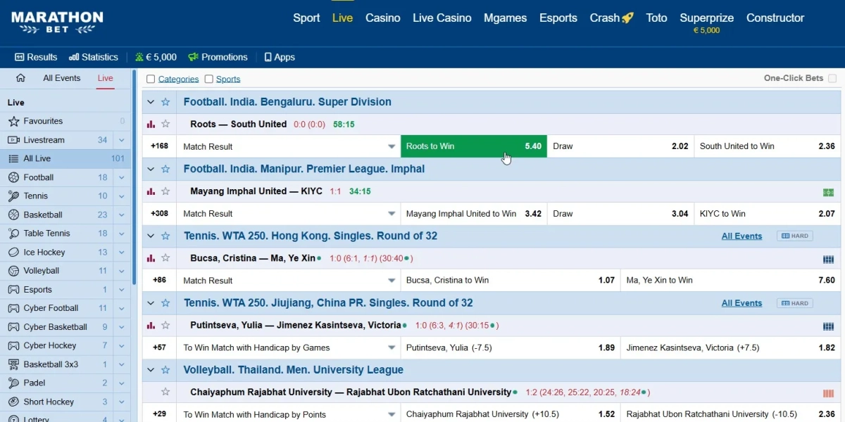 Marathonbet live betting screen with qualifying 1.50+ odds
