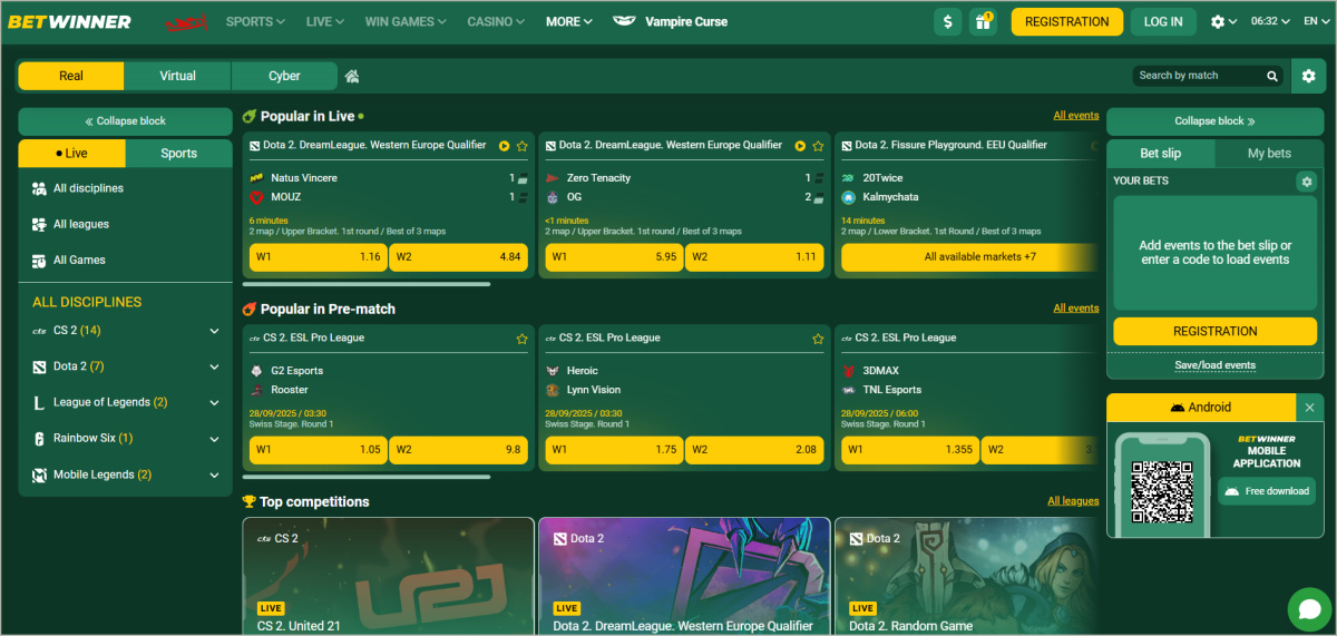 Betwinner esports betting section showing CS2, Dota 2, and LoL betting markets Betwinner esports betting section showing CS2, Dota 2, and LoL betting markets
