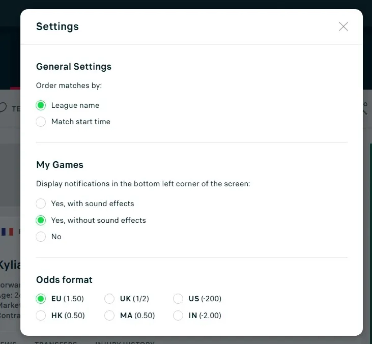 Settings menu showing notification and data options