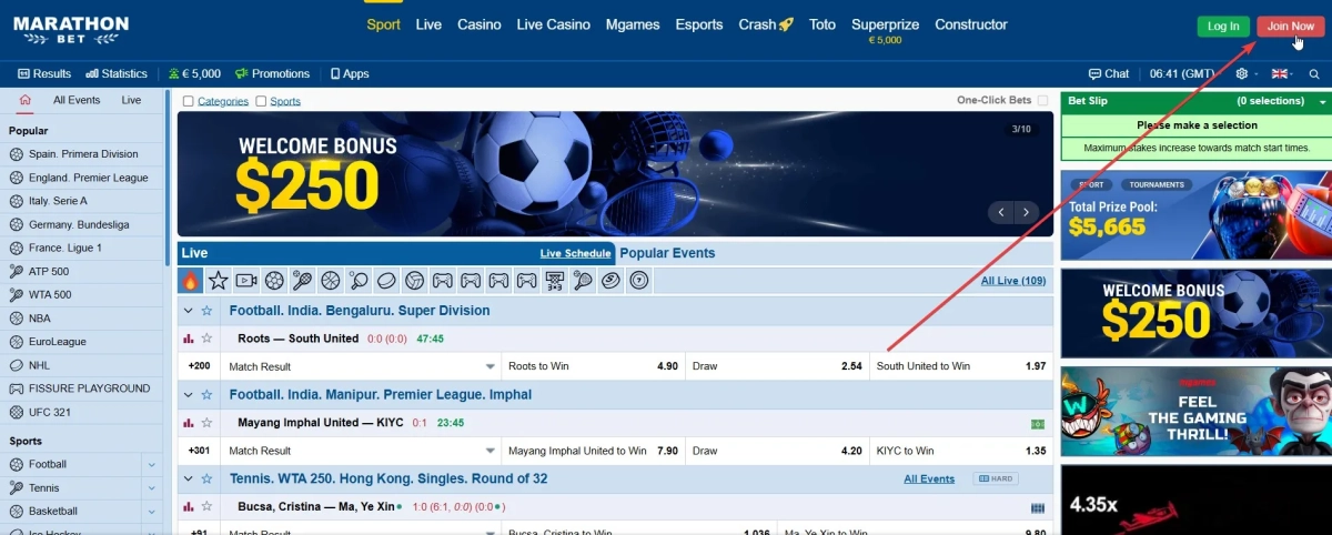 Marathonbet homepage showing Sign Up button and bonus selection