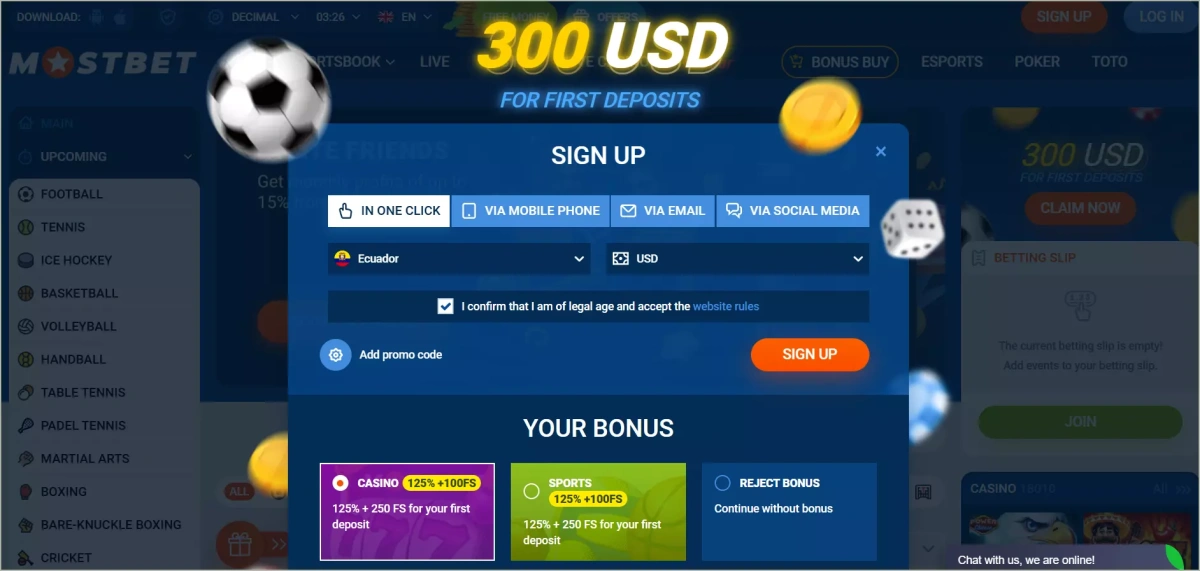 Registration form displays four methods, country/currency selection, promo code field, and bonus choice between sports and casino Mostbet registration interface showing four signup methods
