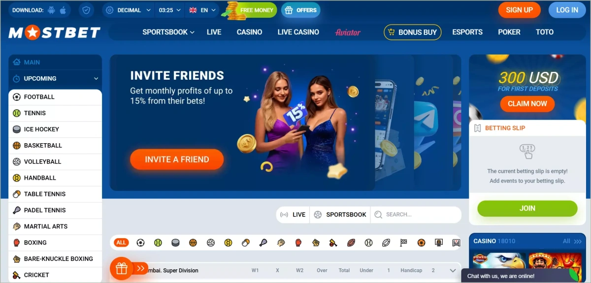 The main interface displays quick access to sports betting, live casino games, and current promotional offers with language selection options Mostbet official homepage showing sports betting and casino sections