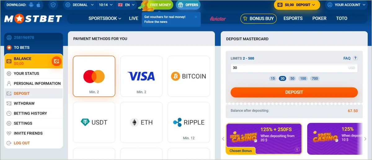 Over 100 payment methods support deposits and withdrawals, including traditional banking, e-wallets, and cryptocurrencies Available payment methods including cards, e-wallets, and cryptocurrencies