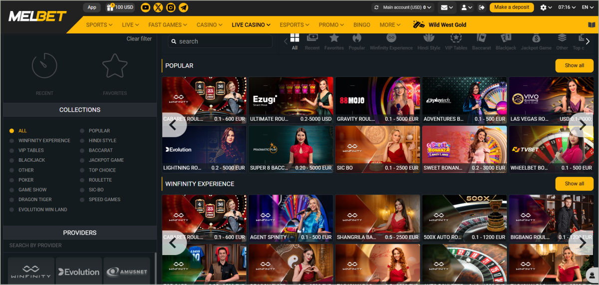 Live casino lobby showing multiple active tables with professional dealers, game thumbnails for roulette, blackjack, baccarat, and Evolution Gaming branding  Melbet live casino with professional dealers hosting blackjack, roulette and baccarat games