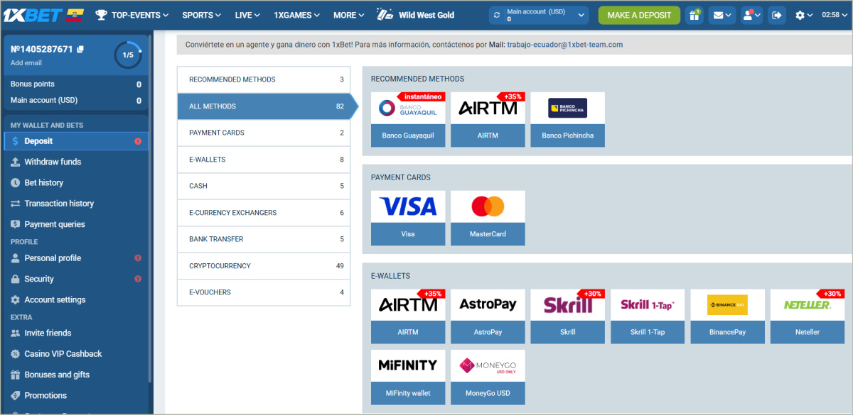 Payment methods page showing diverse options including cards, e-wallets and cryptocurrencies