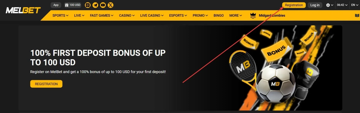 Click the 'Registration' button on Melbet homepage to begin your sign-up process"