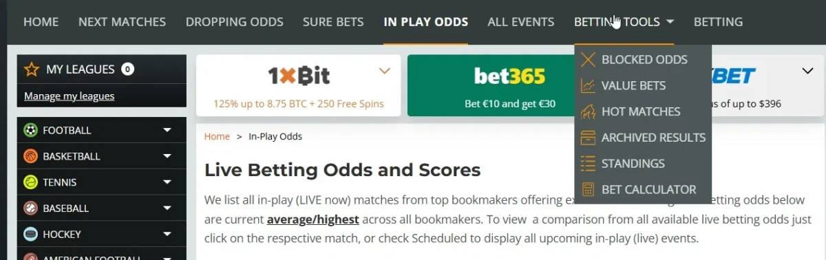 OddsPortal's advanced betting tools dashboard