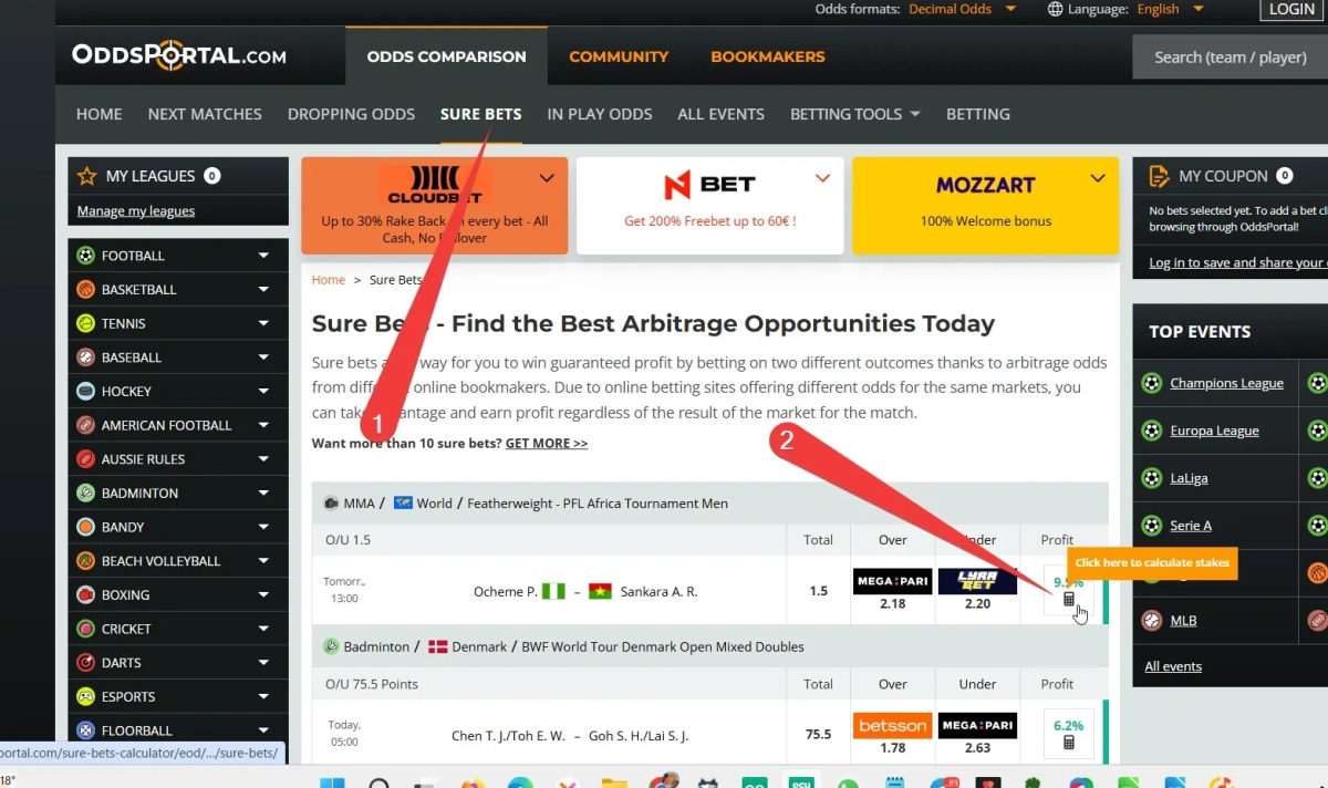 Sure bets calculator with stake distribution and guaranteed profit display