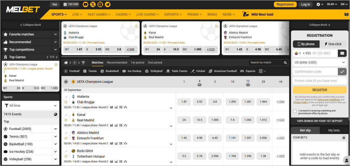 Melbet sportsbook showing extensive sports coverage with over 1000 daily betting events Sports betting section displaying list of 50+ sports categories, live event counters, upcoming matches, and odds comparison for popular events