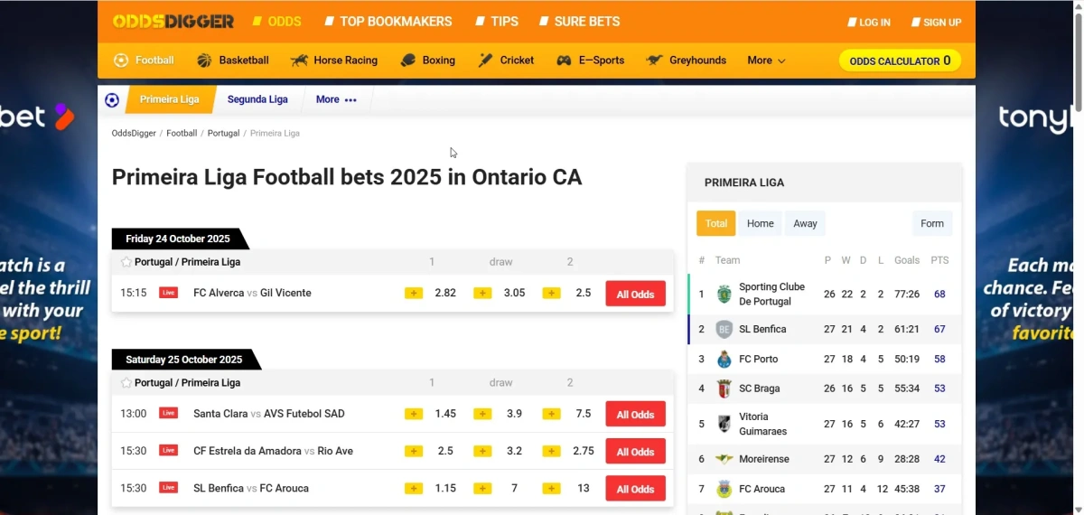 Main page showing live odds comparison for popular matches OddsDigger homepage with odds comparison table