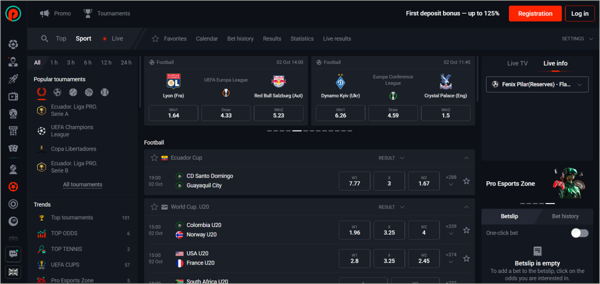 Pin Up sportsbook with 55+ sports and 1000+ daily betting events Pin Up sportsbook interface showing live betting odds and available sports markets