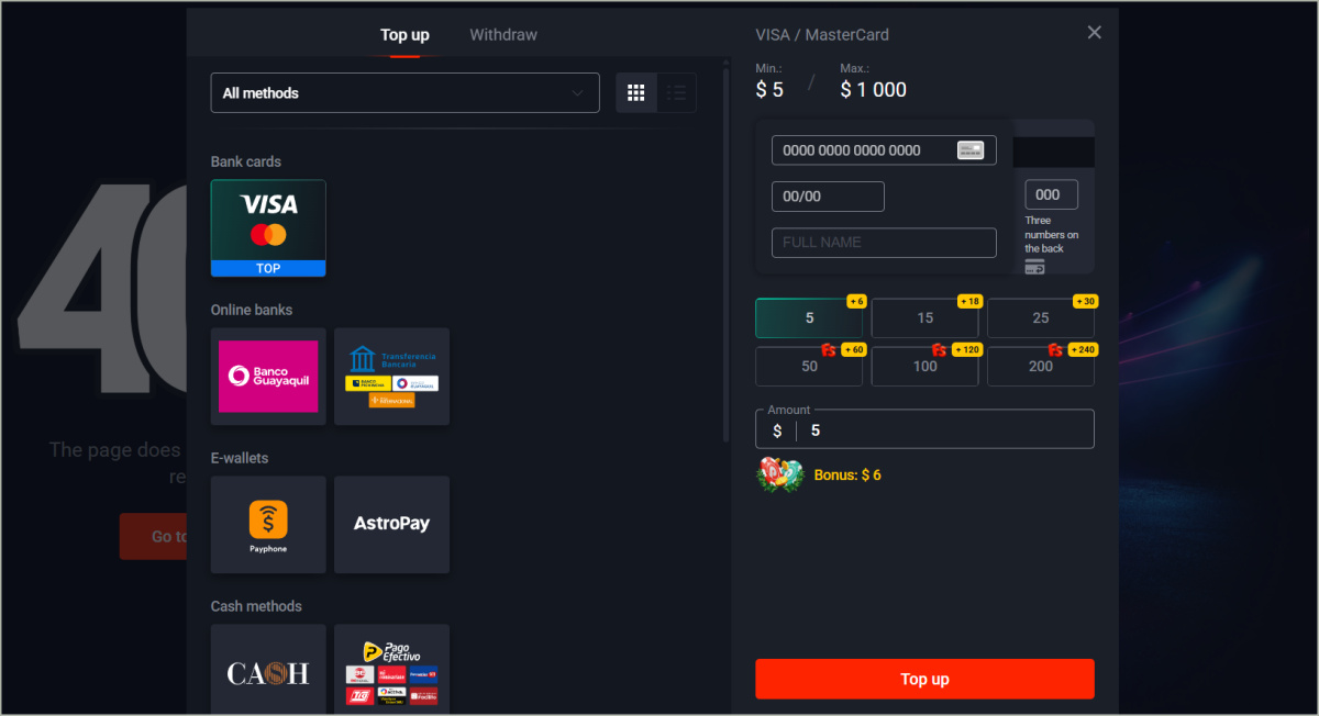 Pin Up cashier page showing cryptocurrency and traditional payment methods Pin Up payment methods page displaying various payment options