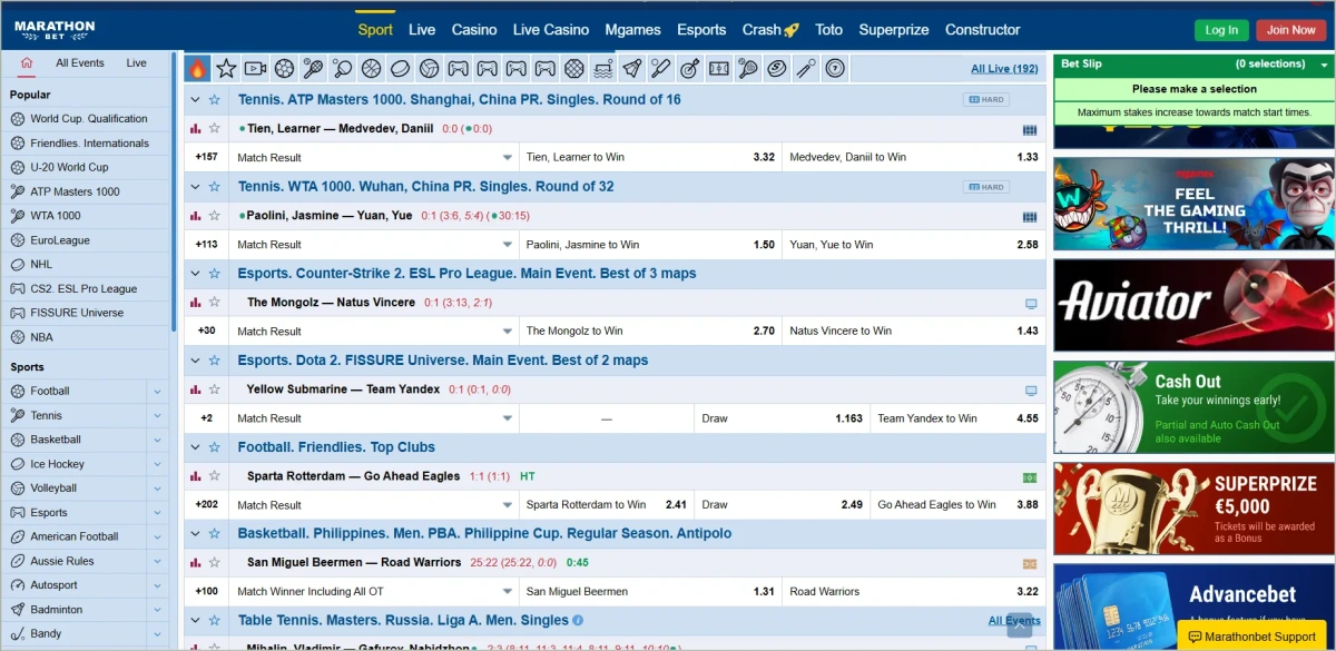Over 60 sports receive coverage with depth varying by popularity. Football, tennis, and basketball offer the most extensive markets. Marathonbet sports betting menu showing available sports and leagues