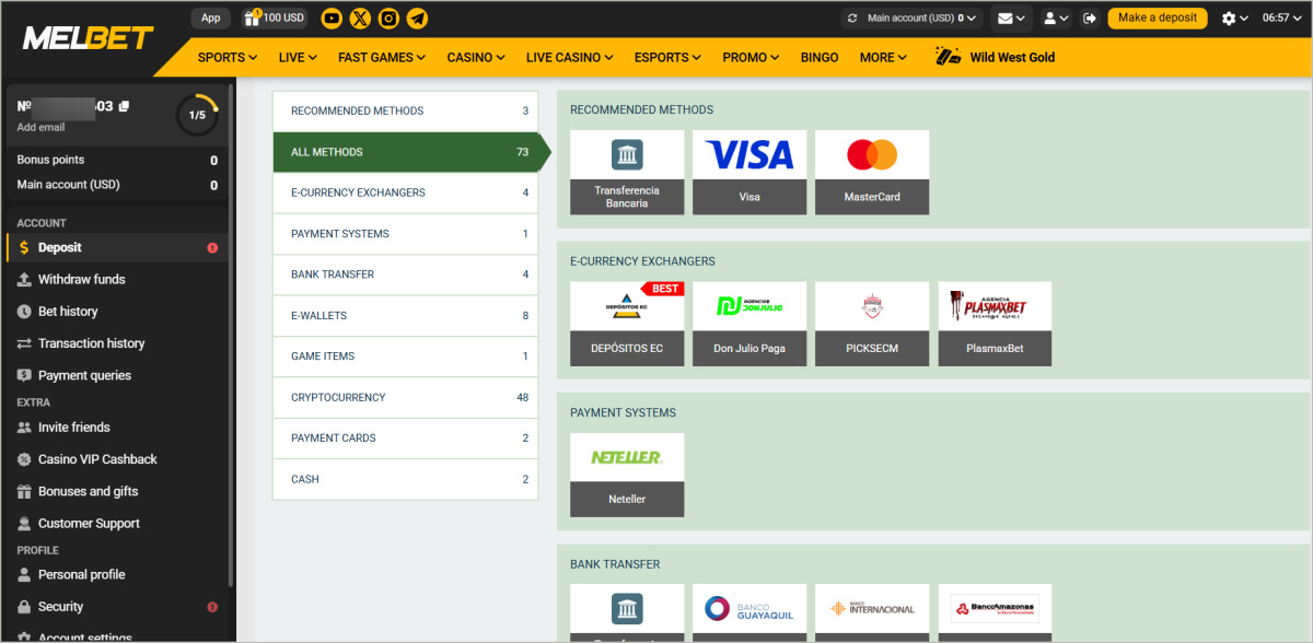 Payment page showing logos of available methods: Visa/Mastercard, Bitcoin, Ethereum, Skrill, Neteller, UPI, PayTM with minimum/maximum limits displayed Melbet payment options including cards, e-wallets, cryptocurrencies and regional payment methods