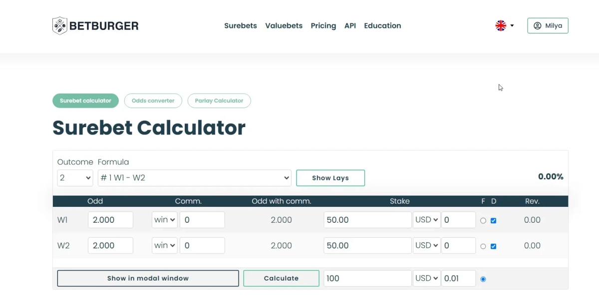 Built-in profit calculator showing stake distribution