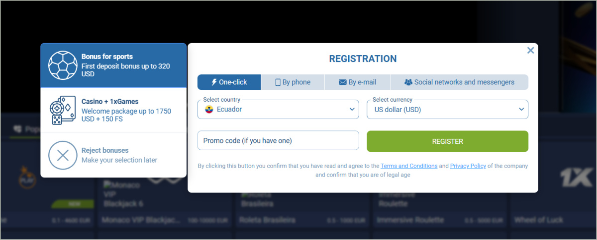1xBet registration form with promo code field highlighted for bonus activation