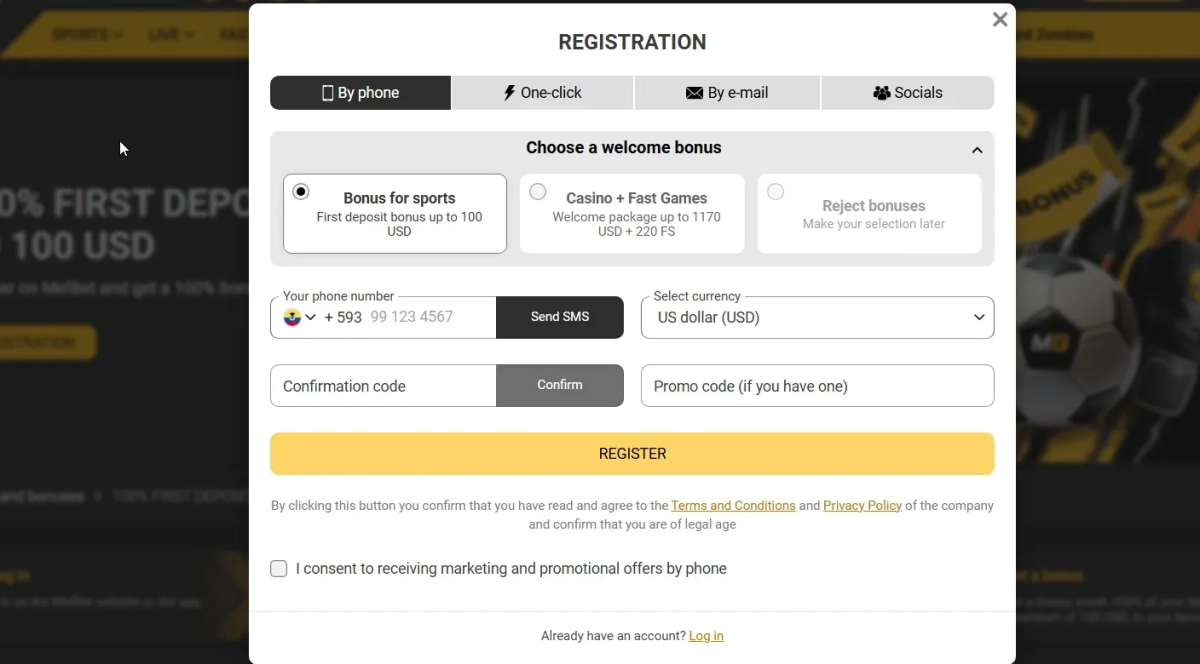 Select your registration method - we recommend 'By Email' for full bonus access
