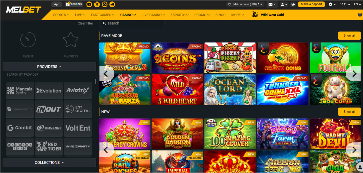 Casino lobby showing grid of popular slot games including Starburst, Book of Dead, Gonzo's Quest, with provider filters and search bar visible Melbet casino featuring 4000+ slot games from NetEnt, Pragmatic Play and other providers