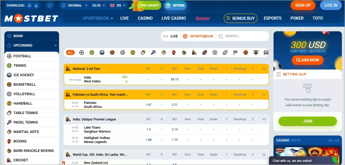 The sportsbook features 25+ sports with competitive odds starting from 4% margin on major football matches Mostbet sports betting section displaying various sports categories and live odds