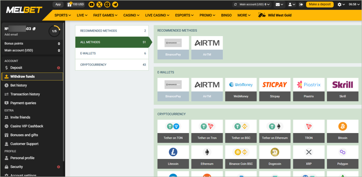 Payment page showing logos of available methods: Visa/Mastercard, Bitcoin, Ethereum, Skrill, Neteller, UPI, PayTM with minimum/maximum limits displayed Melbet withdrawal options including cards, e-wallets, cryptocurrencies and regional payment methods