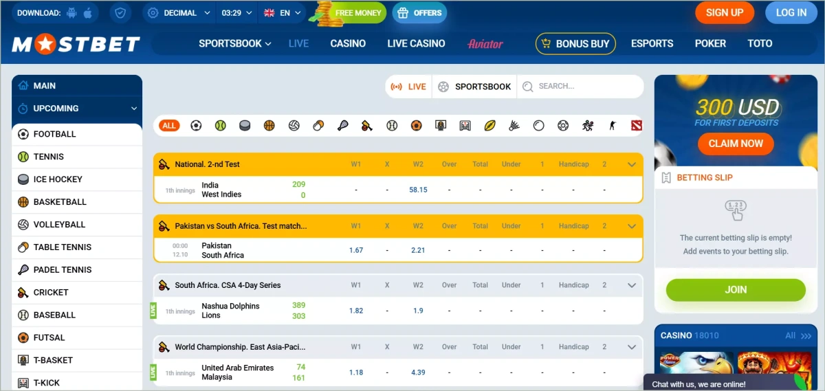 Live betting covers 20000+ monthly events with odds updating every 1-3 seconds and integrated match statistics Live betting section showing in-play matches with updating odds