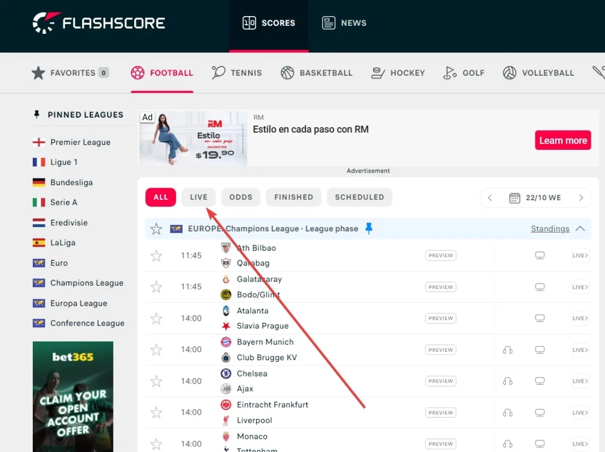 Live match view with minute-by-minute updates