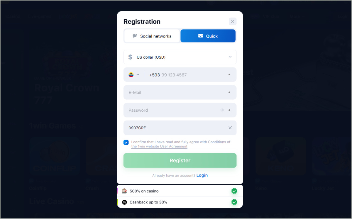 Registration form showing all fields, promo code input field (0907GRE), social media login options, and one-click registration button 1Win registration form with promo code field and multiple signup options