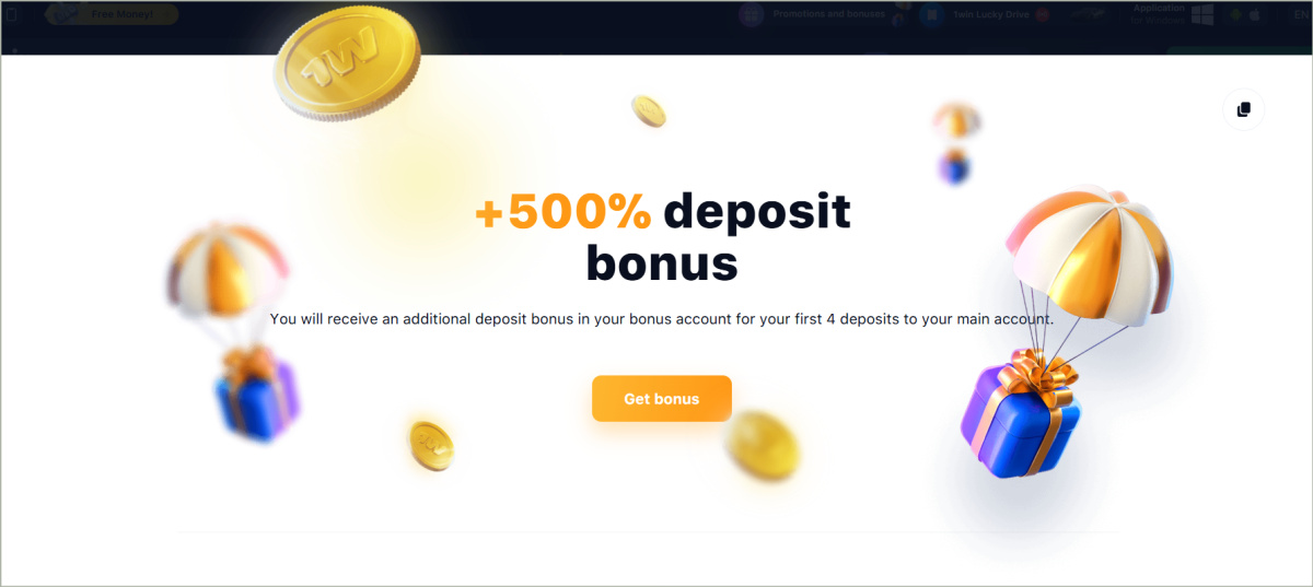 Welcome bonus promotional banner showing 500% offer, breakdown of 4 deposits, promo codes, and terms 1Win 500% welcome bonus up to $3,075 plus 200 free spins