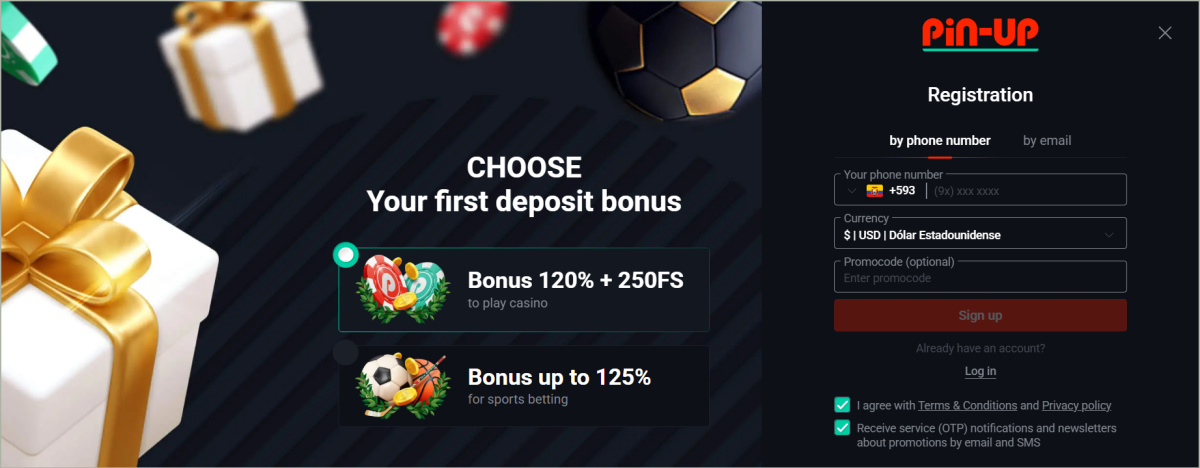 Pin Up registration page with bonus selection for new players Pin Up registration form showing email and phone number signup options with bonus selection