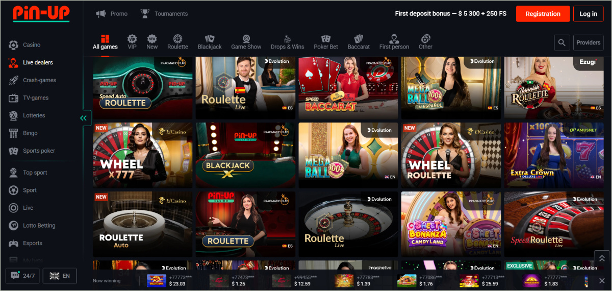 Pin Up live casino section with professional dealers from Evolution Gaming and Pragmatic Play Pin Up live casino interface showing real dealers at blackjack, roulette, and baccarat tables