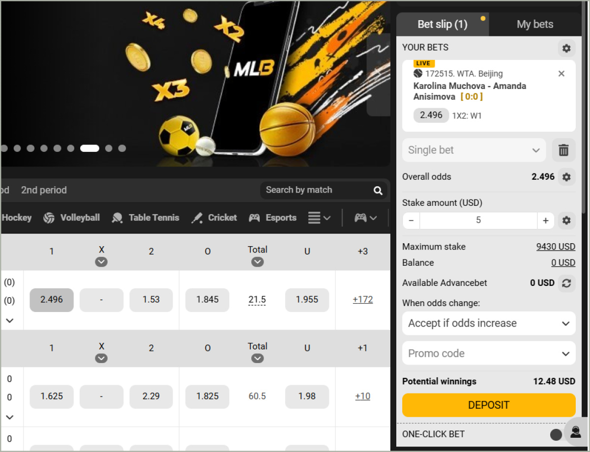 Active bet slip showing 3 selected events for accumulator bet, stake input field, potential returns calculator, and "Place Bet" button with promo code applied  Melbet bet slip demonstrating accumulator bet placement with bonus calculation