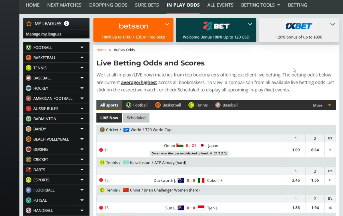Live odds page showing in-play matches with real-time updates