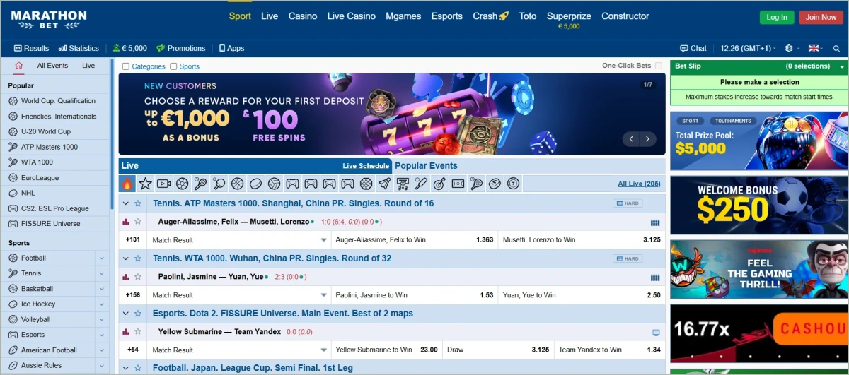 Marathonbet's straightforward homepage prioritizes quick access to betting markets over flashy design. The clean layout helps bettors find value opportunities fast. Marathonbet homepage showing sports betting markets and current odds October 2025