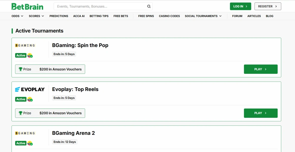 Social tournaments page showing active competitions and leaderboards