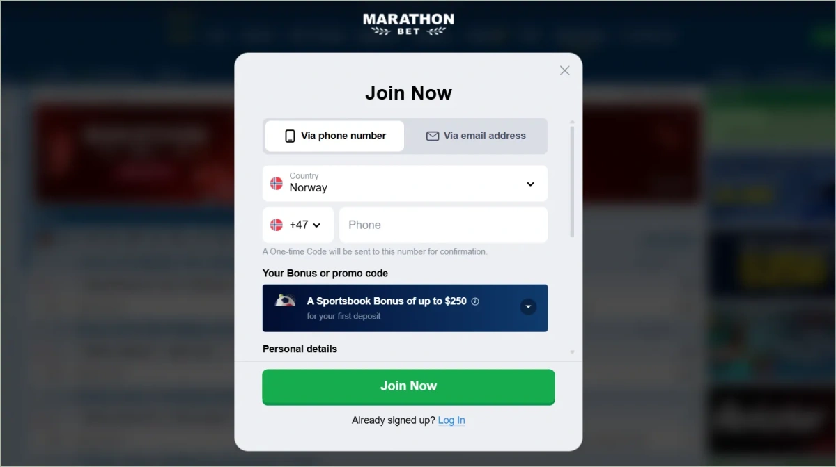 The registration form requires basic personal information. Use accurate details matching your ID documents to avoid verification delays. Marathonbet registration form with required fields for new account setup