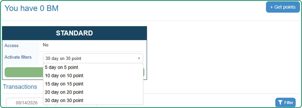 The BMBets points page for a registered account, the Standard plan with Access set to No and a menu of filter periods from 5 days for 5 points to 30 days for 30 points.