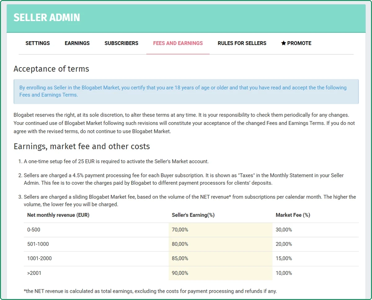 Blogabet seller fees table showing a &amp;amp;amp;amp;euro;25 setup fee, 4.5% processing and a market fee sliding from 30% to 10% with monthly revenue
