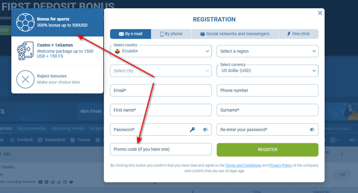1xBet registration form with the Casino + 1xGames bonus option and the promo code field