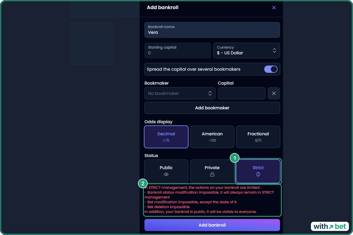 Bet-Analytix Add bankroll form with Strict status selected and the red list of Strict rules