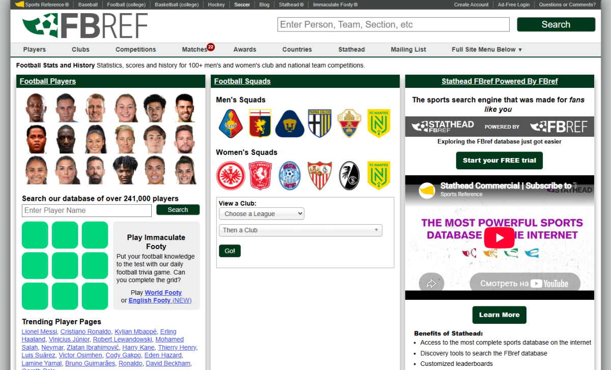 FBref homepage in August 2026 showing 100 plus competitions