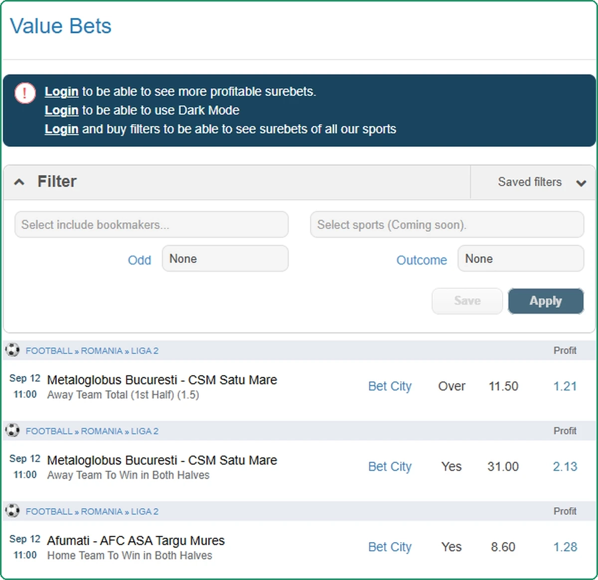 The BMBets Value Bets page without an account, the login banner at the top, and rows from the Romanian second division all priced at one bookmaker.