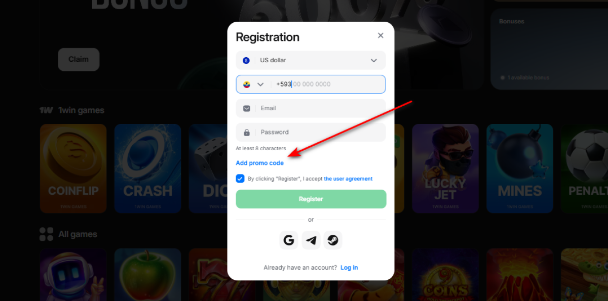 1win registration form with the promo code ONLWINBET typed into the add promo code field