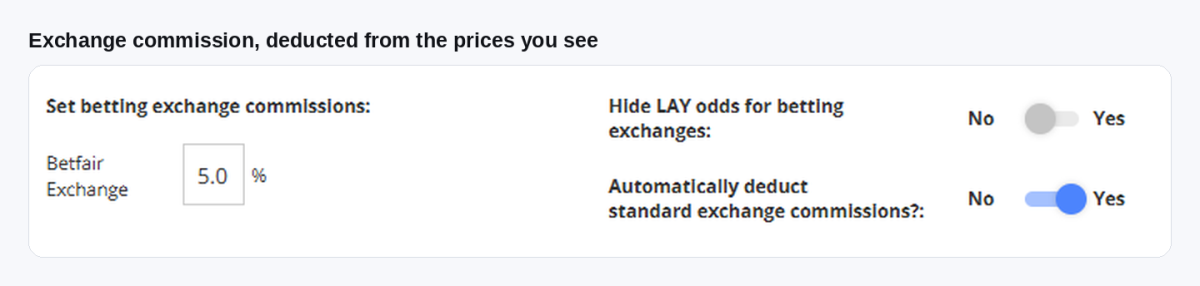 The OddsPortal settings row for exchange commission, with a Betfair rate and automatic deduction switched on