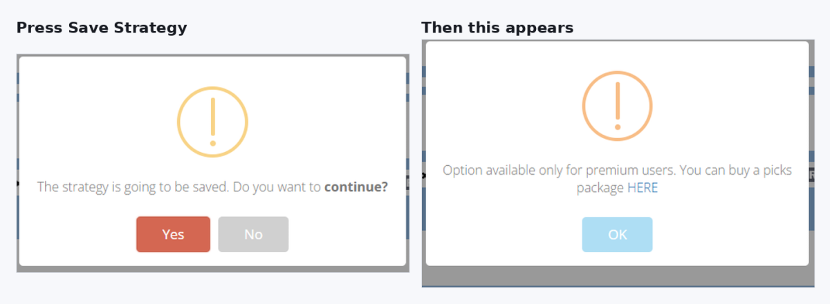 Betaminic save dialog followed by a premium users only message